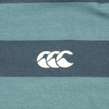 Close-up of the Canterbury Yarn Stripe Polo by Canterbury, displaying horizontal green and dark blue stripes with a white CCC logo at the center, highlighting its classic rugby style.