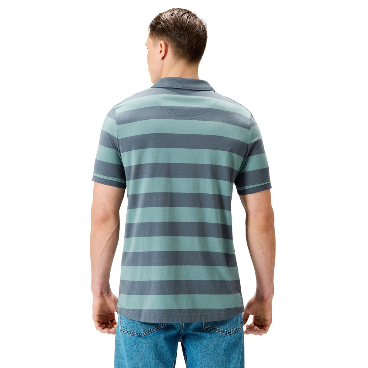A man seen from the back against a white background wears a short-sleeve green and gray Canterbury Yarn Stripe Polo by Canterbury with blue jeans.