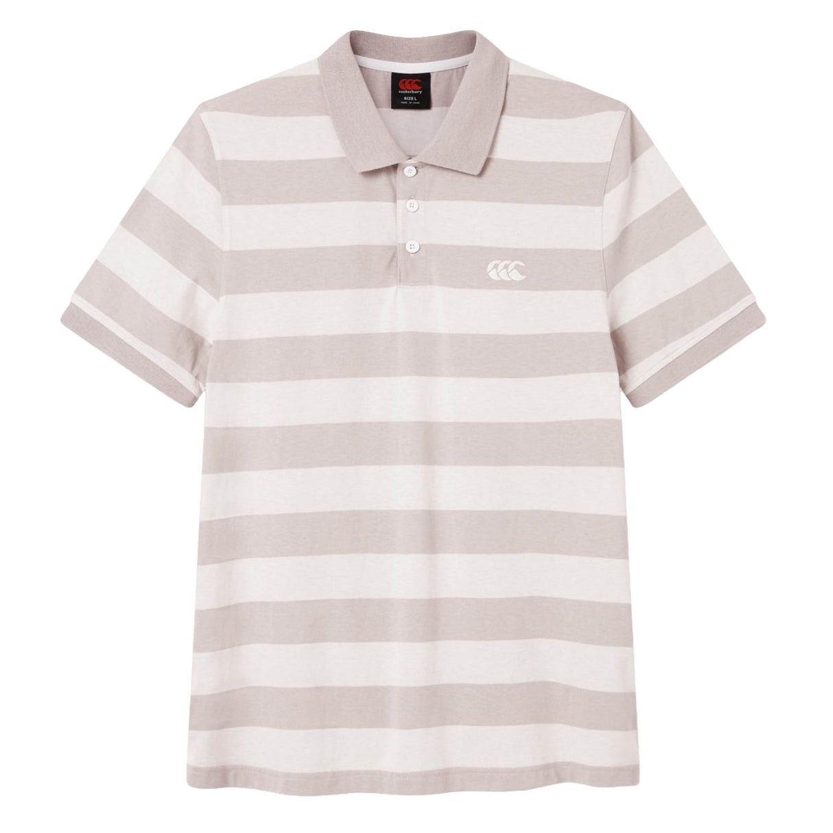 The Canterbury Yarn Stripe Polo by Canterbury features short sleeves, horizontal beige and white stripes, a classic collar with three buttons, and a subtle white logo on the upper left chest—making it an ideal choice for those seeking timeless rugby-inspired style.