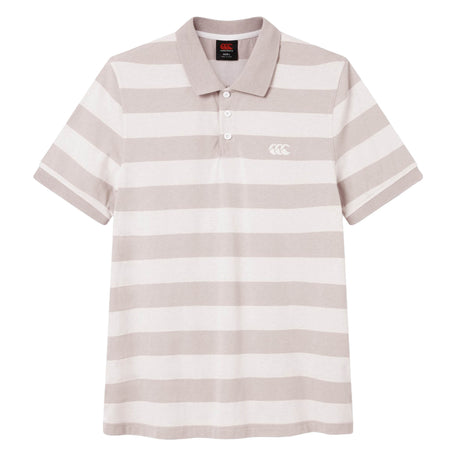 The Canterbury Yarn Stripe Polo by Canterbury features short sleeves, horizontal beige and white stripes, a classic collar with three buttons, and a subtle white logo on the upper left chest—making it an ideal choice for those seeking timeless rugby-inspired style.