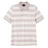 The Canterbury Yarn Stripe Polo by Canterbury features short sleeves, horizontal beige and white stripes, a classic collar with three buttons, and a subtle white logo on the upper left chest—making it an ideal choice for those seeking timeless rugby-inspired style.