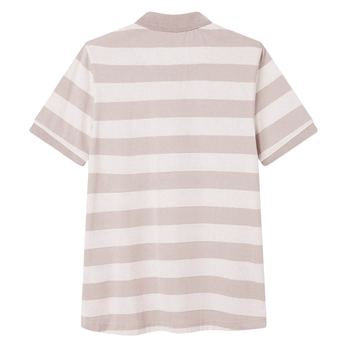 Canterbury Yarn Stripe Polo by Canterbury in beige and white with horizontal stripes in a classic rugby style, short sleeves, shown from the back against a white background.