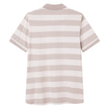 Canterbury Yarn Stripe Polo by Canterbury in beige and white with horizontal stripes in a classic rugby style, short sleeves, shown from the back against a white background.