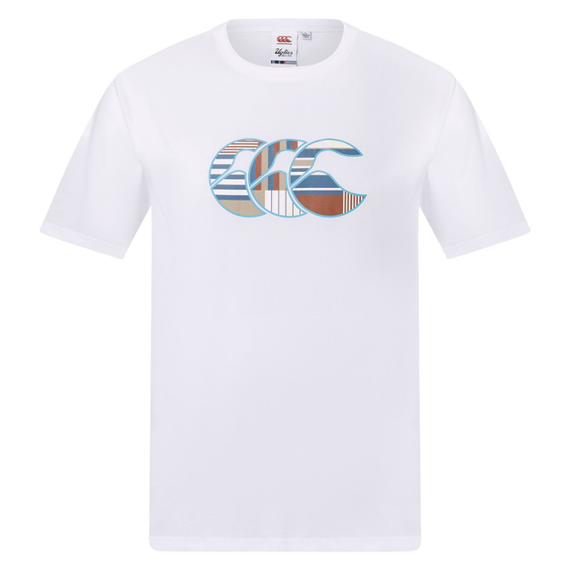 The Canterbury Uglies Logo T-shirt by Canterbury is a white cotton blend tee featuring a large stylized blue, brown, and gray striped logo graphic on the chest.