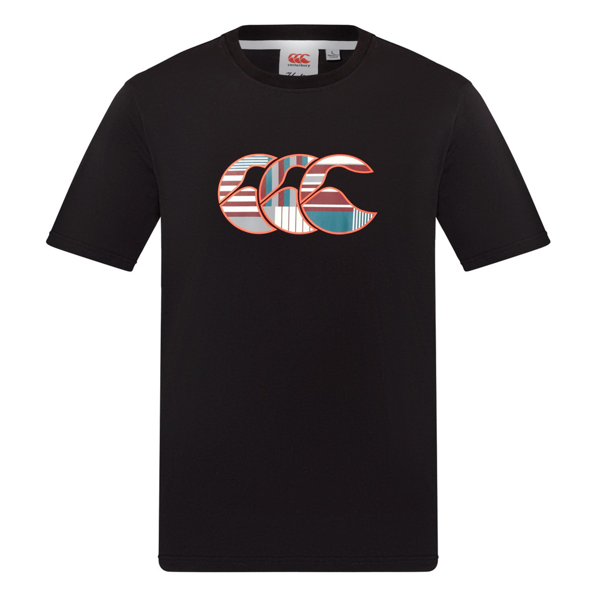 The Canterbury Uglies Logo T-shirt is a black, short-sleeve cotton-blend tee featuring a multicolored Uglies logo on the chest and a small neckline tag, inspired by classic Canterbury rugby shirt style.