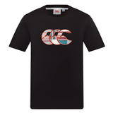 The Canterbury Uglies Logo T-shirt is a black, short-sleeve cotton-blend tee featuring a multicolored Uglies logo on the chest and a small neckline tag, inspired by classic Canterbury rugby shirt style.