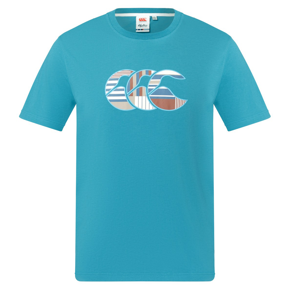 The Canterbury Uglies Logo T-shirt by Canterbury is a turquoise cotton blend tee, featuring a multicolored stylized wave logo with stripes and patterns on the chest, inspired by the classic Uglies design.