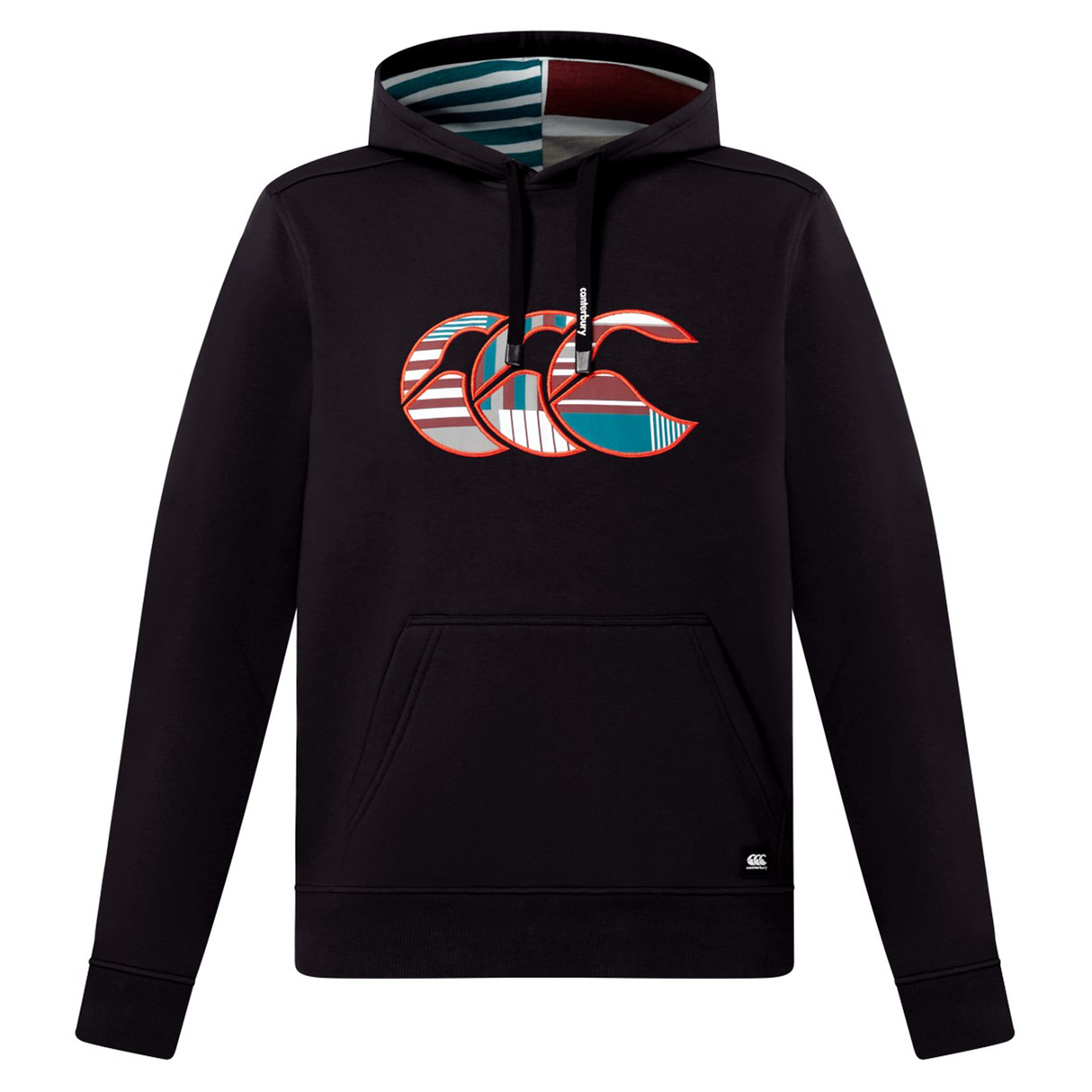 The Canterbury Uglies Logo Hoodie by Canterbury features a kangaroo pocket, a bold red, white, and blue "CCC" logo on the chest, and striped hood lining for standout rugby style.