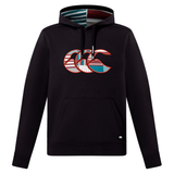The Canterbury Uglies Logo Hoodie by Canterbury features a kangaroo pocket, a bold red, white, and blue "CCC" logo on the chest, and striped hood lining for standout rugby style.