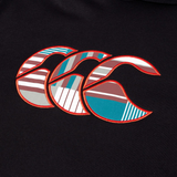 Close-up of the Canterbury Uglies Logo Hoodie, a black sweatshirt by Canterbury, showcasing a bold triple "C" logo in red, teal, gray, and white stripes.