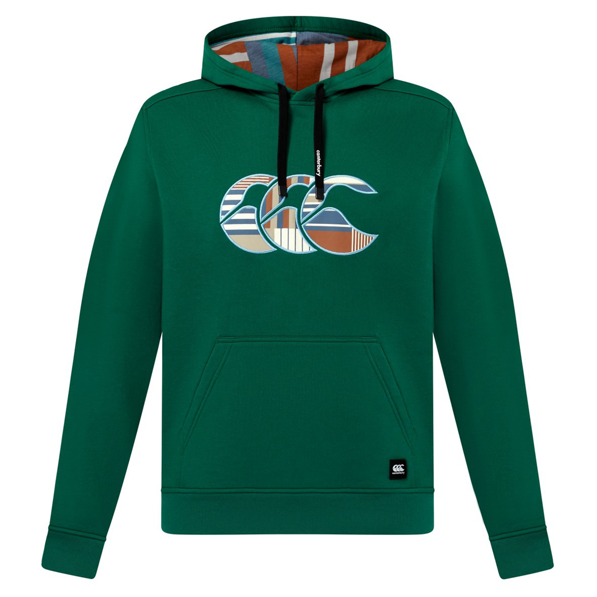 The Canterbury Uglies Logo Hoodie features a green design, black drawstrings, front kangaroo pocket, multicolored striped chest logo, and patterned inner hood—ideal for rugby fans.