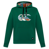 The Canterbury Uglies Logo Hoodie features a green design, black drawstrings, front kangaroo pocket, multicolored striped chest logo, and patterned inner hood—ideal for rugby fans.