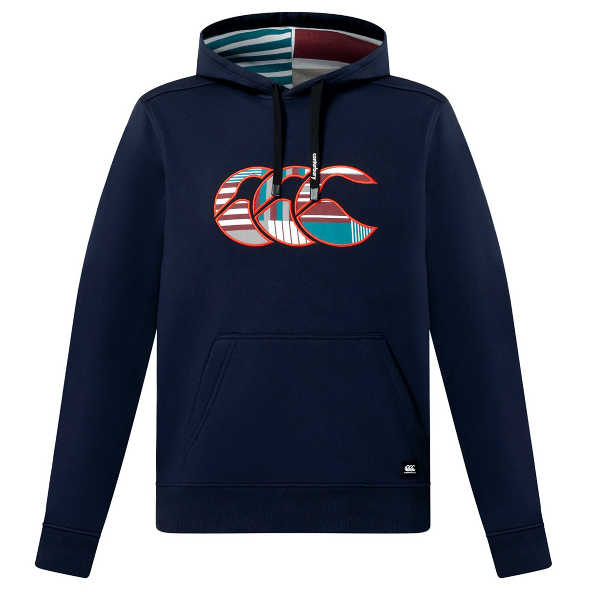 Canterbury Uglies Logo Hoodie in navy blue with a multicolored striped chest logo, front pouch pocket, and contrasting hood lining—a stylish rugby hoodie for any Canterbury fan.