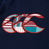 A close-up of the Canterbury Uglies Logo Hoodie by Canterbury, showcasing a "CCC" logo with each letter featuring red, white, gray, and teal stripes and a red outline.