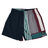 The Canterbury Uglies Harletic Short by Canterbury features an elastic waistband and a bold design with navy, teal, burgundy, gray, and white vertical and horizontal stripes.