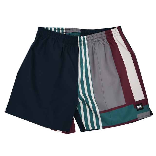 The Canterbury Uglies Harletic Short by Canterbury features an elastic waistband and a bold design with navy, teal, burgundy, gray, and white vertical and horizontal stripes.