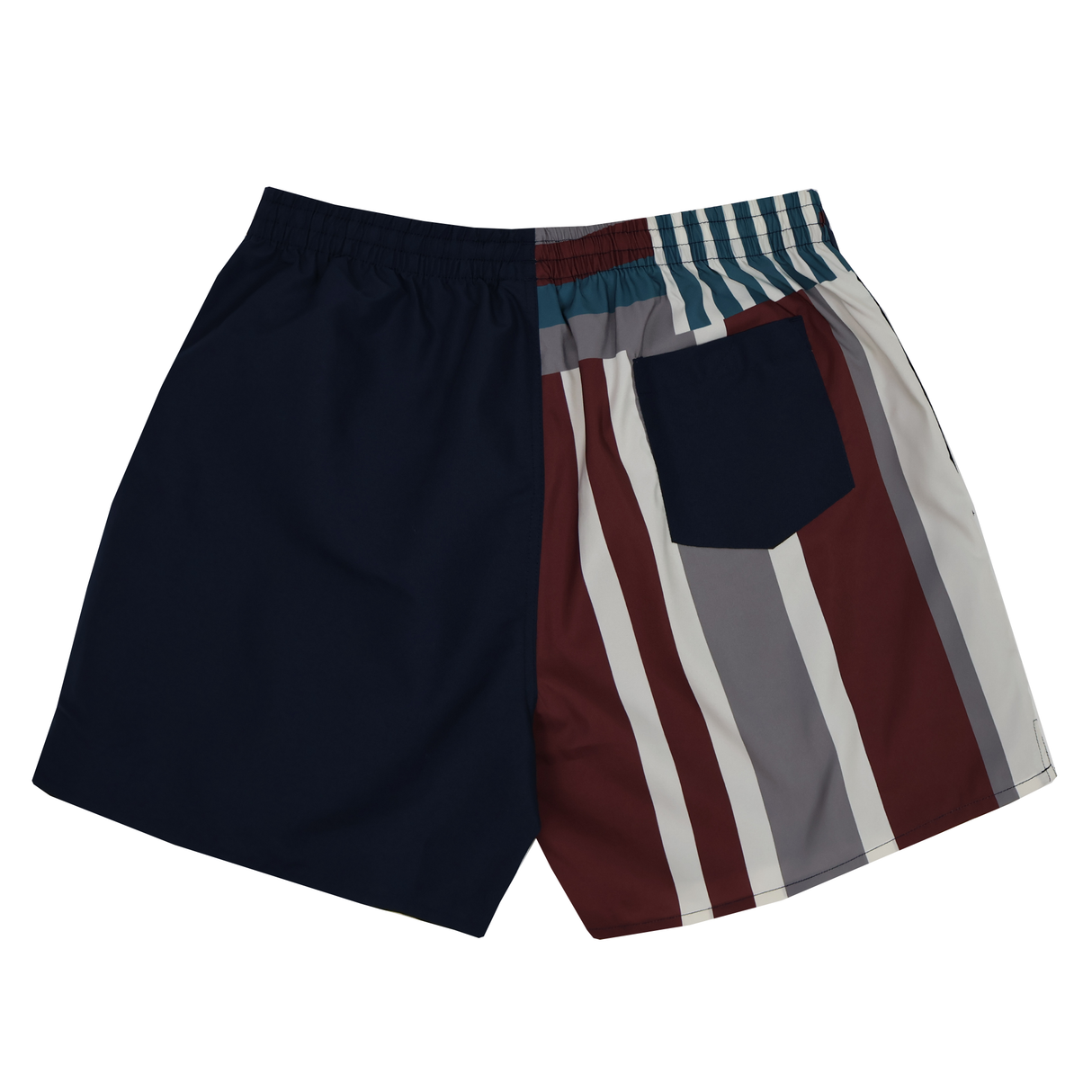 The Canterbury Uglies Harletic Short by Canterbury features a split design: one side solid navy, the other striped maroon, gray, white, and blue. Inspired by rugby shorts and made from athletic poly with a convenient back pocket.