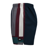 Side view of Canterbury Uglies Harletic Short rugby shorts by Canterbury, featuring an elastic waistband, geometric pattern in dark blue, gray, maroon, white and teal, plus a small black logo patch near the hem.