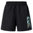 The Canterbury Uglies 5" Tactic Short by Canterbury features black athletic rugby shorts with an elastic waistband and a multicolored abstract lower right leg, blending style and performance for durable training.