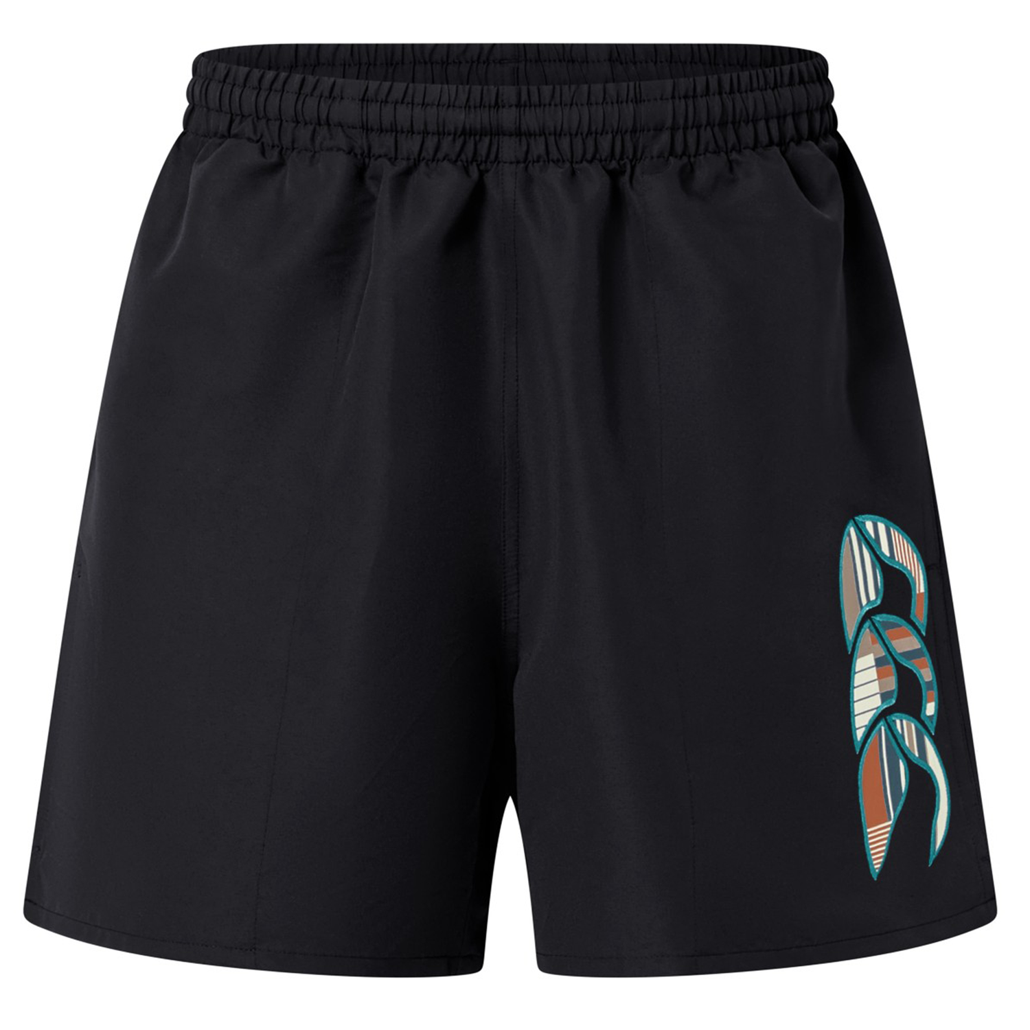The Canterbury Uglies 5" Tactic Short by Canterbury features black athletic rugby shorts with an elastic waistband and a multicolored abstract lower right leg, blending style and performance for durable training.