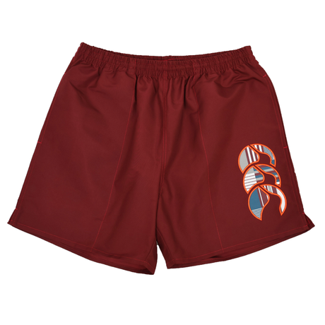 Canterbury Uglies 5" Tactic Short by Canterbury in maroon, featuring an abstract orange, blue, and white graphic on the right leg, shown on a white background.