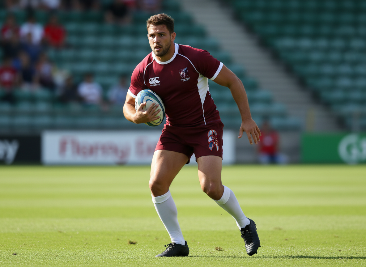 Wearing Canterbury Uglies 5" Tactic Shorts, a rugby player in a maroon kit sprints with the ball on the grass during a match.