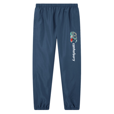 Canterbury Uglies 32" Stadium Pant in navy blue with elastic waistband and cuffs, plus a multicolored Canterbury logo on the left thigh—ideal rugby pants for athletic performance.