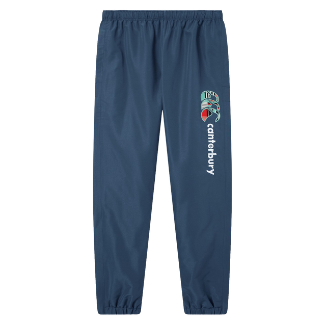 The Uglies 32" Stadium Pant by Canterbury features a navy blue design with elastic waistband and cuffs, plus a vibrant logo on the left thigh—rugby pants made for top performance both on and off the field.