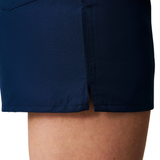Close-up of the side hem and leg opening on Canterbury’s Women's Uglies Tactic Short, dark blue, highlighting a small side slit above the thigh.
