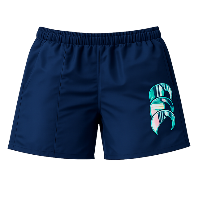 The Canterbury Women's Uglies Tactic Short features an elastic waistband and a bold teal and pink abstract logo on navy, inspired by the iconic Canterbury Uglies design.