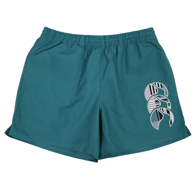 The Canterbury Women's Canterbury Uglies Tactic Short features a teal design with an elastic waistband and a stylized leaf graphic on the left leg, made from high-performance polyester for comfortable training.