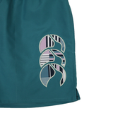 The Canterbury Women's Canterbury Uglies Tactic Short features an abstract geometric design in pink, white, navy, and black on teal. Made from high-performance polyester for optimal training comfort.