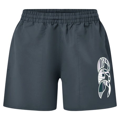 Canterbury Women's Canterbury Uglies Tactic Short: dark gray athletic shorts with an elastic waistband and a white abstract design, made from high-performance polyester for training comfort.