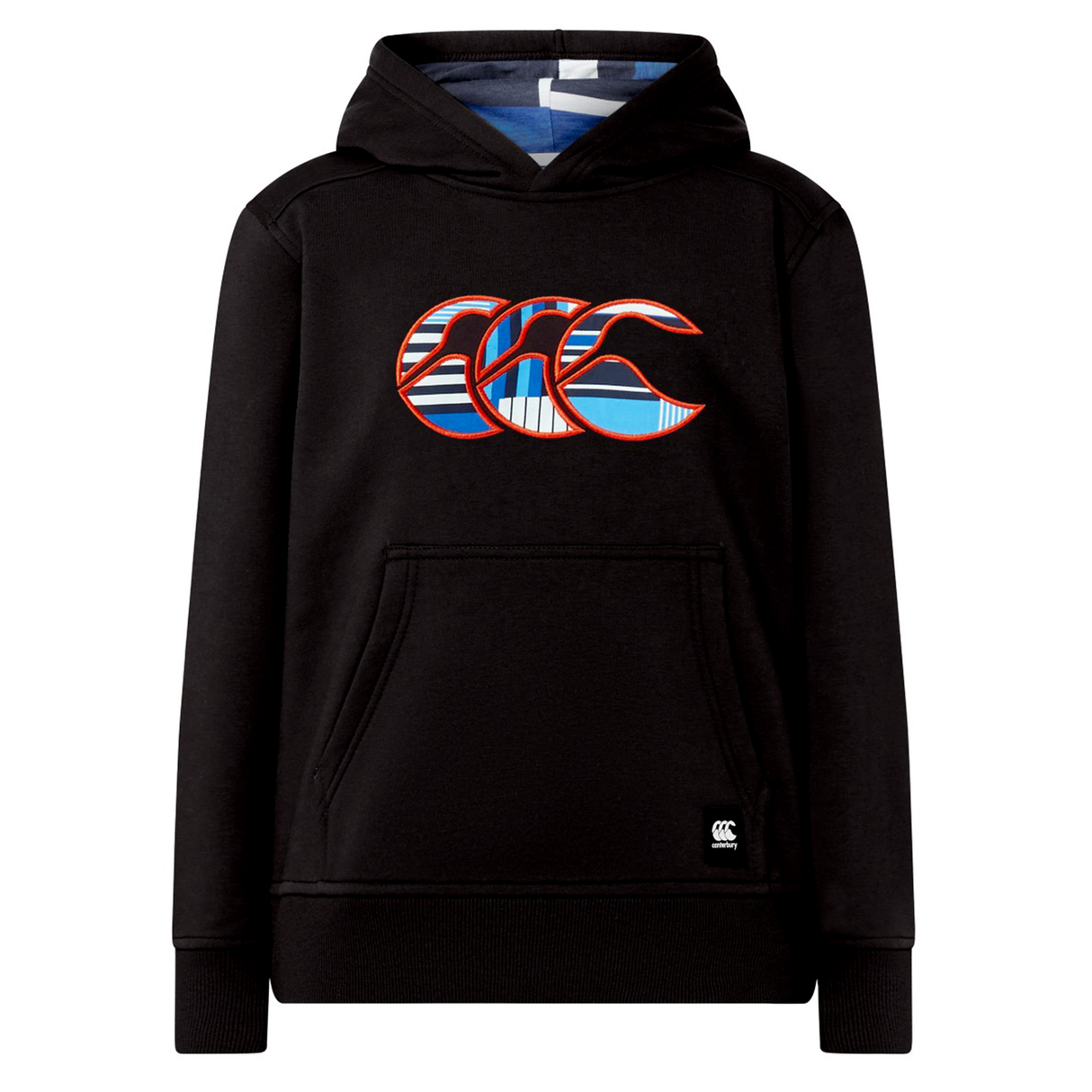 Canterbury Youth Uglies Logo Hoodie by Canterbury—a black hoodie featuring a vibrant, embroidered Uglies logo on the chest and a front kangaroo pocket, shown against a white background—ideal for bringing rugby flair to any youth rugby hoodie collection.
