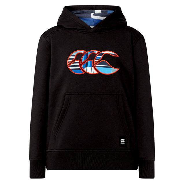 Canterbury Youth Uglies Logo Hoodie by Canterbury—a black hoodie featuring a vibrant, embroidered Uglies logo on the chest and a front kangaroo pocket, shown against a white background—ideal for bringing rugby flair to any youth rugby hoodie collection.