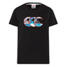 The Canterbury Youth Uglies Logo T-shirt is a black short-sleeve tee featuring a bold, stylized "CCC" logo with blue, white, and red patterns on the chest, inspired by the iconic Canterbury Uglies design—making it an ideal rugby t-shirt for active kids.