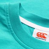 Close-up of the collar and label on the Youth Canterbury Uglies Logo T-shirt by Canterbury, highlighting the brand logo and stitching details—ideal for fans of this iconic youth rugby t-shirt collection.