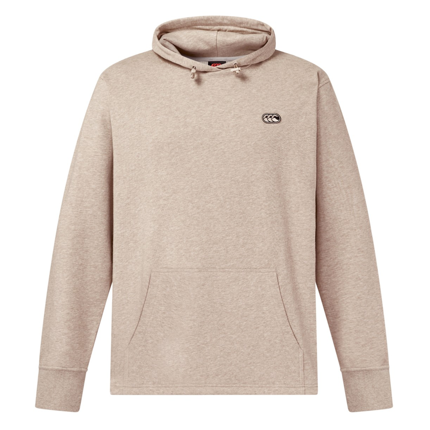 The Canterbury FORCE HOODIE is a beige athletic hoodie with a kangaroo pocket and a small black embroidered logo on the left chest, shown against a white background.