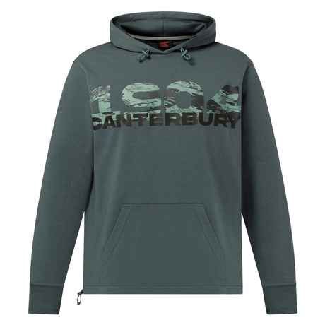 The Canterbury FORCE HOODIE in forest green features "1904 CANTERBURY" boldly across the chest, a drawstring hem, and a relaxed fit for classic athletic comfort.