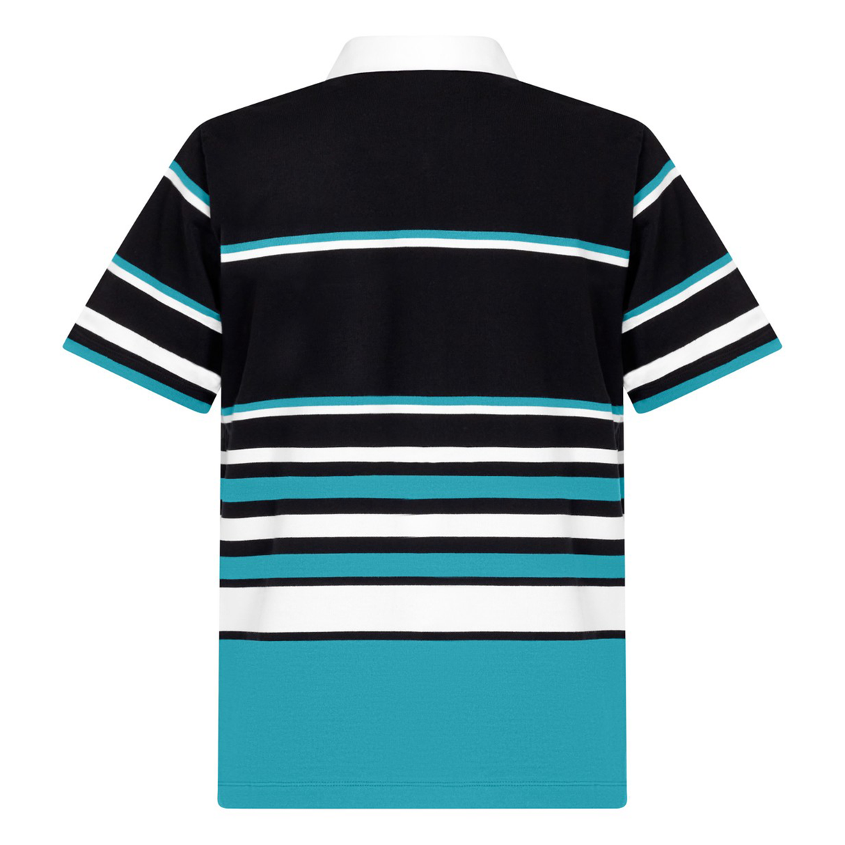 The Canterbury Uglies Short Sleeve Classic Rugby Jersey by Canterbury features bold horizontal stripes in black, white, turquoise, and light blue, inspired by the iconic Canterbury Rugby Jersey and made from heavyweight cotton rugby fabric. Back view shown.