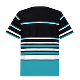 The Canterbury Uglies Short Sleeve Classic Rugby Jersey by Canterbury features bold horizontal stripes in black, white, turquoise, and light blue, inspired by the iconic Canterbury Rugby Jersey and made from heavyweight cotton rugby fabric. Back view shown.