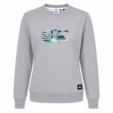 The Canterbury Women's Uglies Logo Crew Sweatshirt features a light grey crewneck design with a vibrant multicolored striped "CCC" logo on the chest, taking inspiration from the iconic Canterbury Uglies sweatshirt. Finished with a small black logo patch on the lower left hem, this must-have women's rugby sweatshirt by Canterbury blends laidback style and athletic heritage.