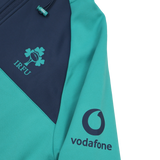 Close-up of the Ireland 26/27 Summer Tour Training Hoodie by Canterbury in teal and navy, showing the IRFU chest logo and Vodafone sleeve logo. This moisture-wicking Canterbury hoodie is built for high-performance training.