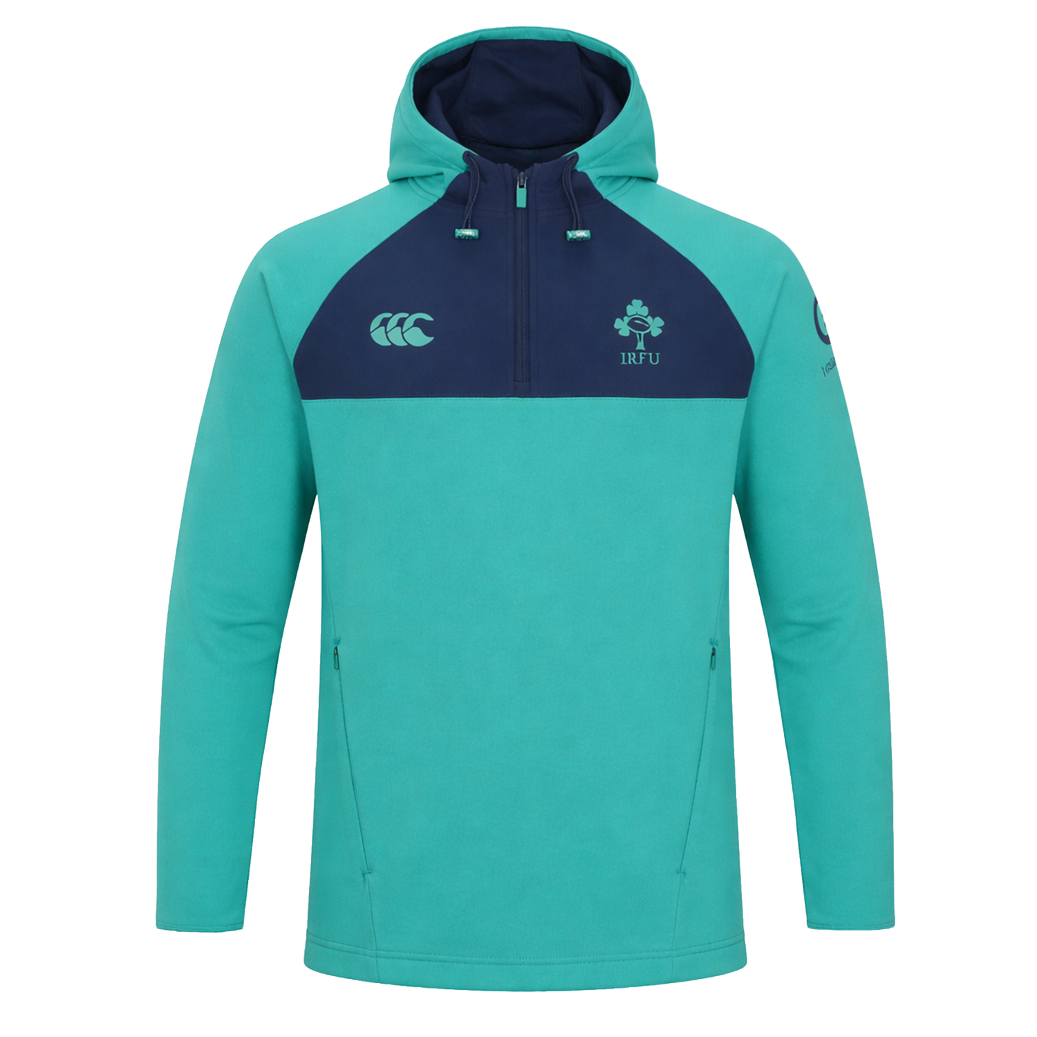 The Ireland 26/27 Summer Tour Training Hoodie by Canterbury features zippered pockets, the Canterbury logo, the IRFU crest, a sleeve logo, and moisture-wicking fabric to keep you comfortable and stylish.