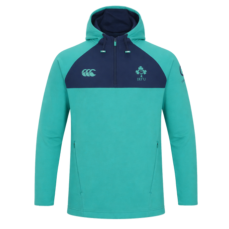 The Ireland 26/27 Summer Tour Training Hoodie by Canterbury features zippered pockets, the Canterbury logo, the IRFU crest, a sleeve logo, and moisture-wicking fabric to keep you comfortable and stylish.