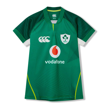Show your passion for the team with the Women’s Ireland 26 Home Pro Jersey by Canterbury—a green short-sleeve rugby jersey with white accents, featuring prominent IRFU, CCC, and Vodafone logos on the front. Perfect for devoted supporters of Irish rugby.