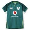 Ireland 26 Home Test Jersey by Canterbury—an authentic green short-sleeve rugby jersey featuring the Ireland badge, Vodafone sponsor logo, and distinctive white and yellow accents on the sleeves and sides.