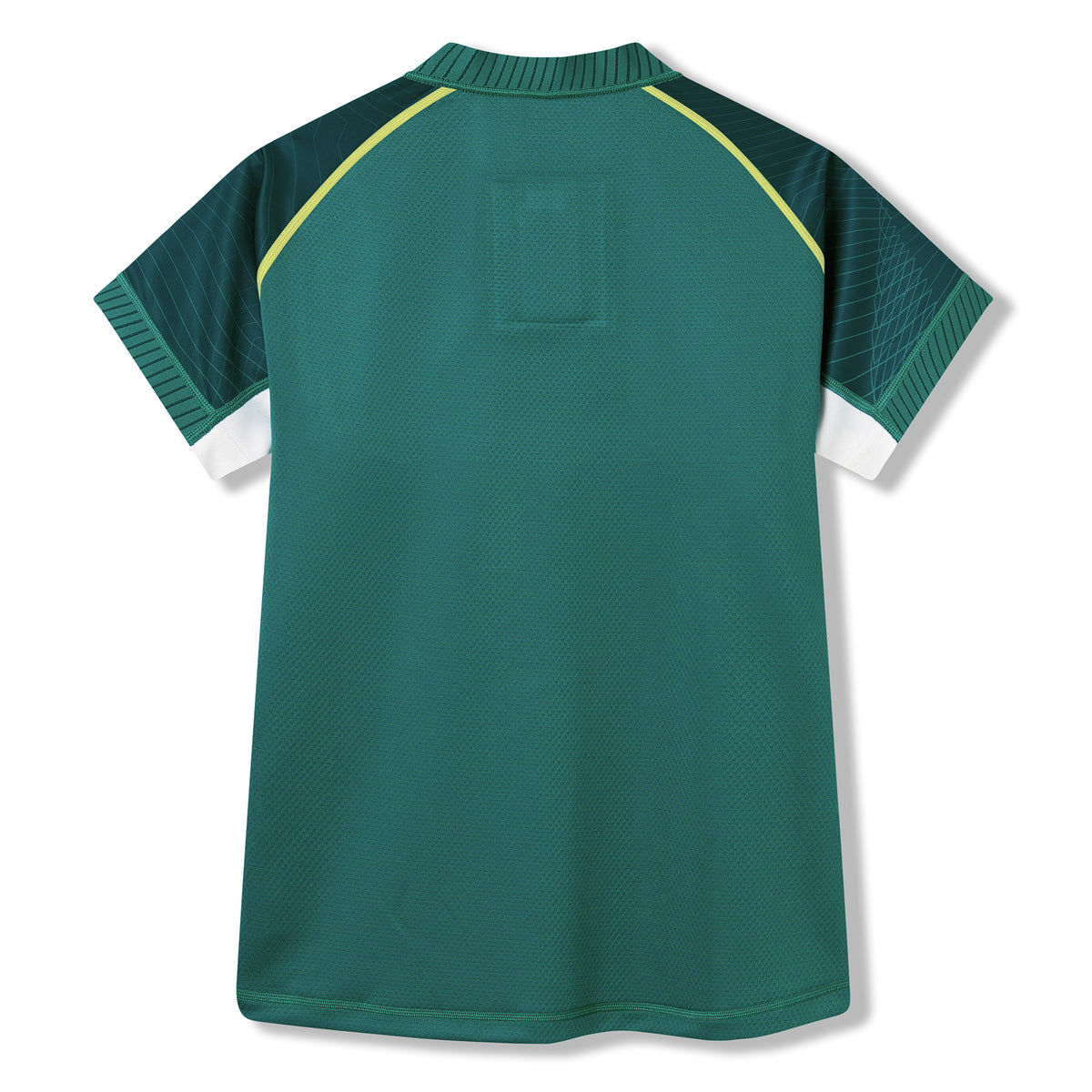 Back view of the Ireland 26 Home Test Jersey by Canterbury, a short-sleeved green rugby jersey featuring dark green and yellow accents on the sleeves and collar, with a white band on each sleeve, inspired by Canterbury’s classic Ireland Test Jersey design.