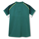 Back view of the Ireland 26 Home Test Jersey by Canterbury, a short-sleeved green rugby jersey featuring dark green and yellow accents on the sleeves and collar, with a white band on each sleeve, inspired by Canterbury’s classic Ireland Test Jersey design.