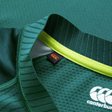 Close-up of the Ireland 26 Home Test Jersey by Canterbury, highlighting its green textured fabric, a visible inner tag, and the white Canterbury logo on the lower right.